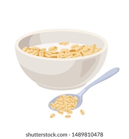 Vector illustration. Cereal bowl with milk and muesli, smoothie isolated on white background. Concept of healthy and wholesome breakfast.