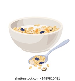 Vector illustration. Cereal bowl with milk and muesli, smoothie isolated on white background. Concept of healthy and wholesome breakfast. fruits