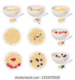 Vector illustration. Cereal bowl with milk, fruits isolated on white background. Concept of healthy and wholesome breakfast.