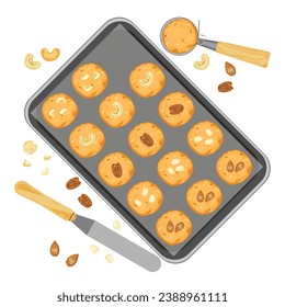 Ilustración vectorial Galletas de cereales horneadas en una bandeja Colección de caramelos aislados en un fondo blanco.