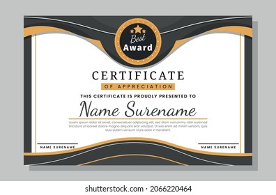Ilustración vectorial Modelo de certificado de logro diseño moderno con una insignia de lujo dorada. Uso para impresión, certificado, diploma, graduación