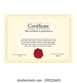 Vector illustration of certificate template with red stamp and golden frame. Certificate border. Modern certificate