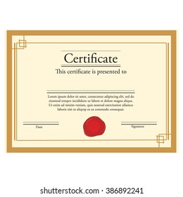 Vector illustration of certificate template with red wax stamp and golden frame. Certificate border. Modern certificate