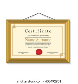 Vector illustration of certificate template with red wax stamp in golden picture frame hanging on the wall. Certificate border. Modern certificate
