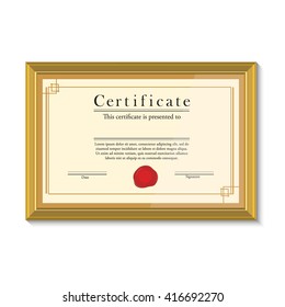 Vector illustration of certificate template with red wax stamp in golden picture frame. Certificate border. Modern certificate