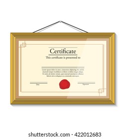 Vector illustration of certificate template with red wax stamp in golden picture frame hanging on the wall. Certificate border. Modern certificate