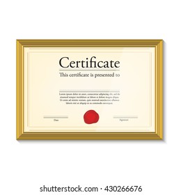 Vector illustration of certificate template with red wax stamp in golden picture frame. Certificate border. Modern certificate