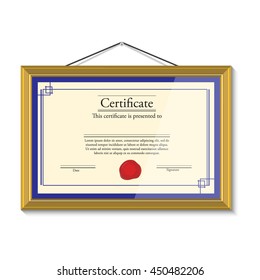 Vector illustration of certificate template with red wax stamp in golden picture frame hanging on the wall. Certificate border. Modern certificate
