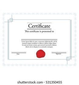 Vector illustration of certificate template with red wax stamp and blue frame. Certificate border. Modern certificate