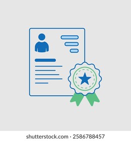 Vector illustration of a certification icon, featuring a diploma or certificate with a ribbon and seal, symbolizing official recognition and achievement. The design is simple yet professional