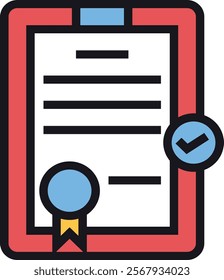 Vector illustration of a certified document with a seal and checkmark, representing approval, authenticity, and official validation. Ideal for business, legal, and administrative content