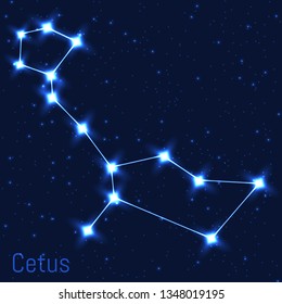 Vector illustration of Cetus constellation. Astronomical Sea monster or whale. Cluster of realistic stars in the dark blue starry sky.