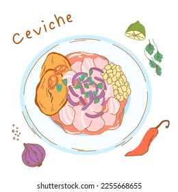 Vector illustration of a ceviche dish on a plate with sweet potato, corn and hot peppers. fish fillet.