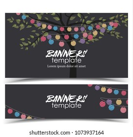 Vector illustration with a chain of colored lanterns. Happy birthday card, party celebration. Banner template