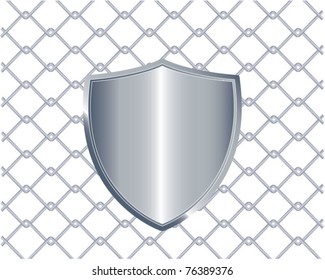 Vector Illustration Of Chain Fence With A Metal Shield On It, Eps10