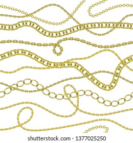 Vector illustration of chain, located . Seamless pattern with gold chains on white background is suitable for fashion design, women fashion, stylish accessories.