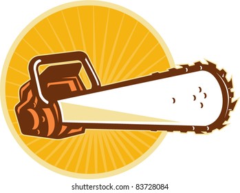 vector illustration of a chain saw viewed from the front at low angle with sunburst and circle in the background