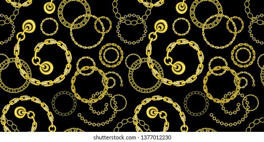 Vector illustration of a chain. Seamless pattern with gold chains on black background is suitable for fashion design, women fashion, stylish accessories.