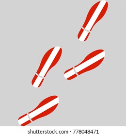 Vector illustration of chain of trails of shoes isolated on grey background, painted in the colors of national flag of Austria