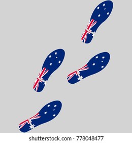 Vector illustration of chain of trails of shoes isolated on grey background, painted in the colors of national flag of Australia