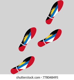 Vector illustration of chain of trails of shoes isolated on grey background, painted in the colors of national flag of Antigua and Barbuda
