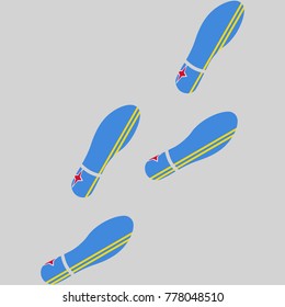 Vector illustration of chain of trails of shoes isolated on grey background, painted in the colors of national flag of Aruba