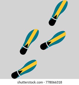 Vector illustration of chain of trails of shoes isolated on grey background, painted in the colors of national flag of Bahamas