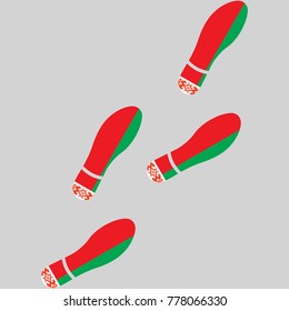 Vector illustration of chain of trails of shoes isolated on grey background, painted in the colors of national flag of Belarus