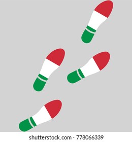 Vector illustration of chain of trails of shoes isolated on grey background, painted in the colors of national flag of Italy