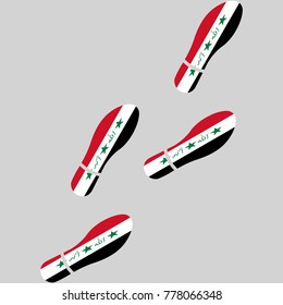 Vector illustration of chain of trails of shoes isolated on grey background, painted in the colors of national flag of Iraq