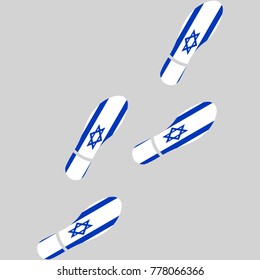 Vector illustration of chain of trails of shoes isolated on grey background, painted in the colors of national flag of Israel