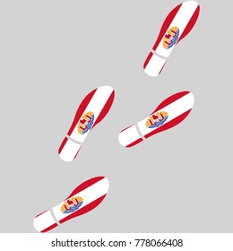 Vector illustration of chain of trails of shoes isolated on grey background, painted in the colors of national flag of French Polynesia