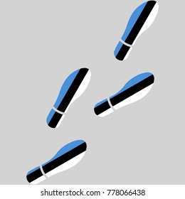 Vector illustration of chain of trails of shoes isolated on grey background, painted in the colors of national flag of Estonia