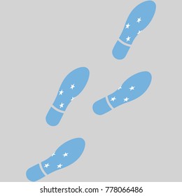 Vector illustration of chain of trails of shoes isolated on grey background, painted in the colors of national flag of Federated States Of Micronesia