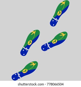 Vector illustration of chain of trails of shoes isolated on grey background, painted in the colors of national flag of Christmas Island
