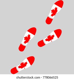 Vector illustration of chain of trails of shoes isolated on grey background, painted in the colors of national flag of Canada