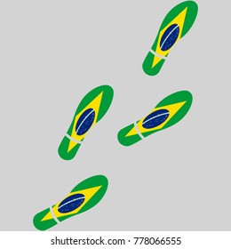 Vector illustration of chain of trails of shoes isolated on grey background, painted in the colors of national flag of Brazil