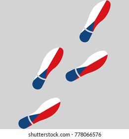 Vector illustration of chain of trails of shoes isolated on grey background, painted in the colors of national flag of Czech Republic