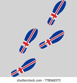 Vector illustration of chain of trails of shoes isolated on grey background, painted in the colors of national flag of Iceland