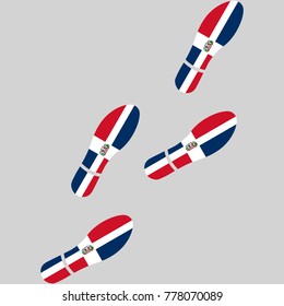 Vector illustration of chain of trails of shoes isolated on grey background, painted in the colors of national flag of Dominican Republic