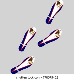 Vector illustration of chain of trails of shoes isolated on grey background, painted in the colors of national flag of American Samoa