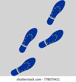 Vector illustration of chain of trails of shoes isolated on grey background, painted in the colors of national flag of European Union