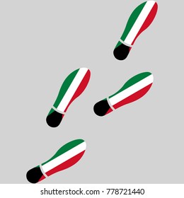 Vector illustration of chain of trails of shoes isolated on grey background, painted in the colors of national flag of Kuwait