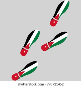Vector illustration of chain of trails of shoes isolated on grey background, painted in the colors of national flag of Jordan