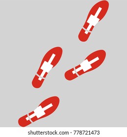 Vector illustration of chain of trails of shoes isolated on grey background, painted in the colors of national flag of Switzerland