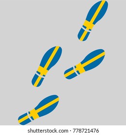 Vector illustration of chain of trails of shoes isolated on grey background, painted in the colors of national flag of Sweden