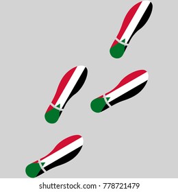 Vector illustration of chain of trails of shoes isolated on grey background, painted in the colors of national flag of Sudan