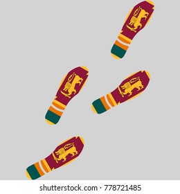 Vector illustration of chain of trails of shoes isolated on grey background, painted in the colors of national flag of Sri Lanka