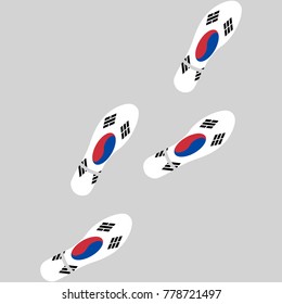Vector illustration of chain of trails of shoes isolated on grey background, painted in the colors of national flag of South Korea