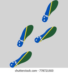 Vector illustration of chain of trails of shoes isolated on grey background, painted in the colors of national flag of Solomon Islands